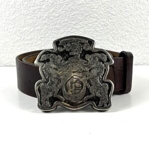 Vintage Horse Crest Large Buckle Belt Mens 32 Brown Leather Silver Tone Heraldic
